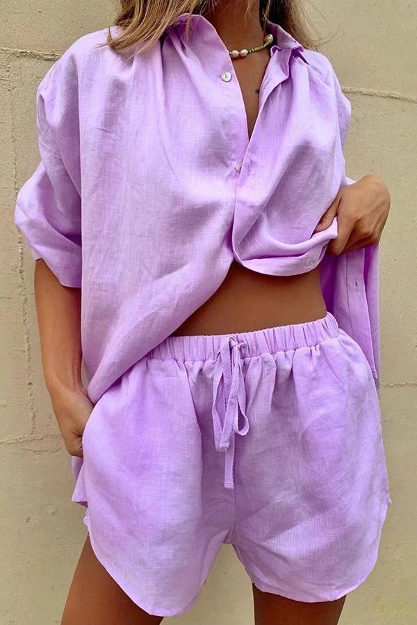 SOERA Erica Button - Down Blouse & Shorts Set - Set - 1005009100613909-;bQ1776125342985538850 Blue M