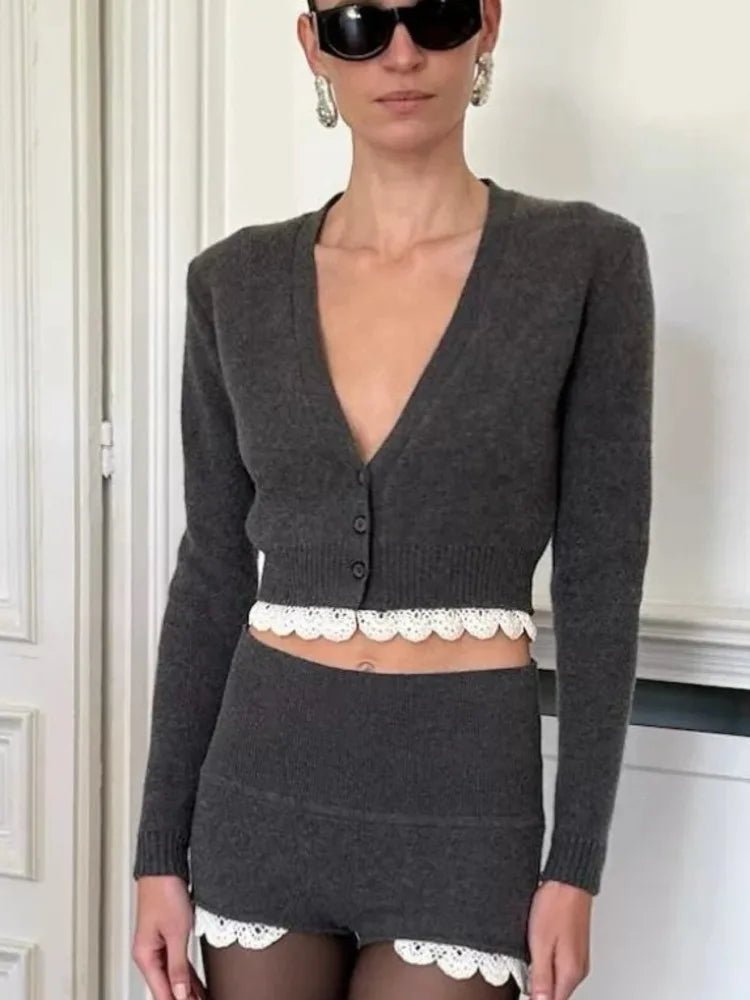 SOERA Lucy Lace Trim Cardigan Short Set - Sets - 1005007642040518-;Sl1769140529536507600 Small