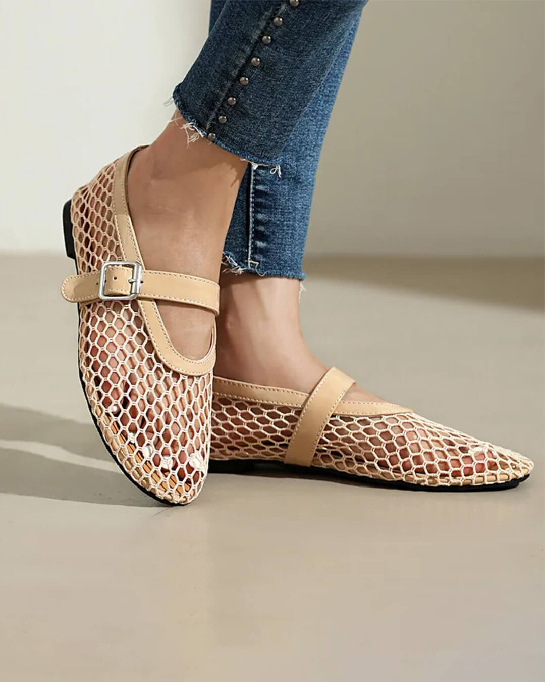 SOERA Bianca Buckled Mesh Ballet Flats - Shoes - Beige 37