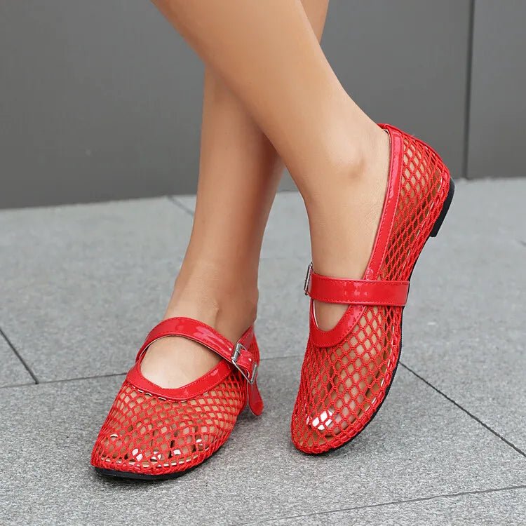 SOERA Bianca Buckled Mesh Ballet Flats - Shoes - Red 35