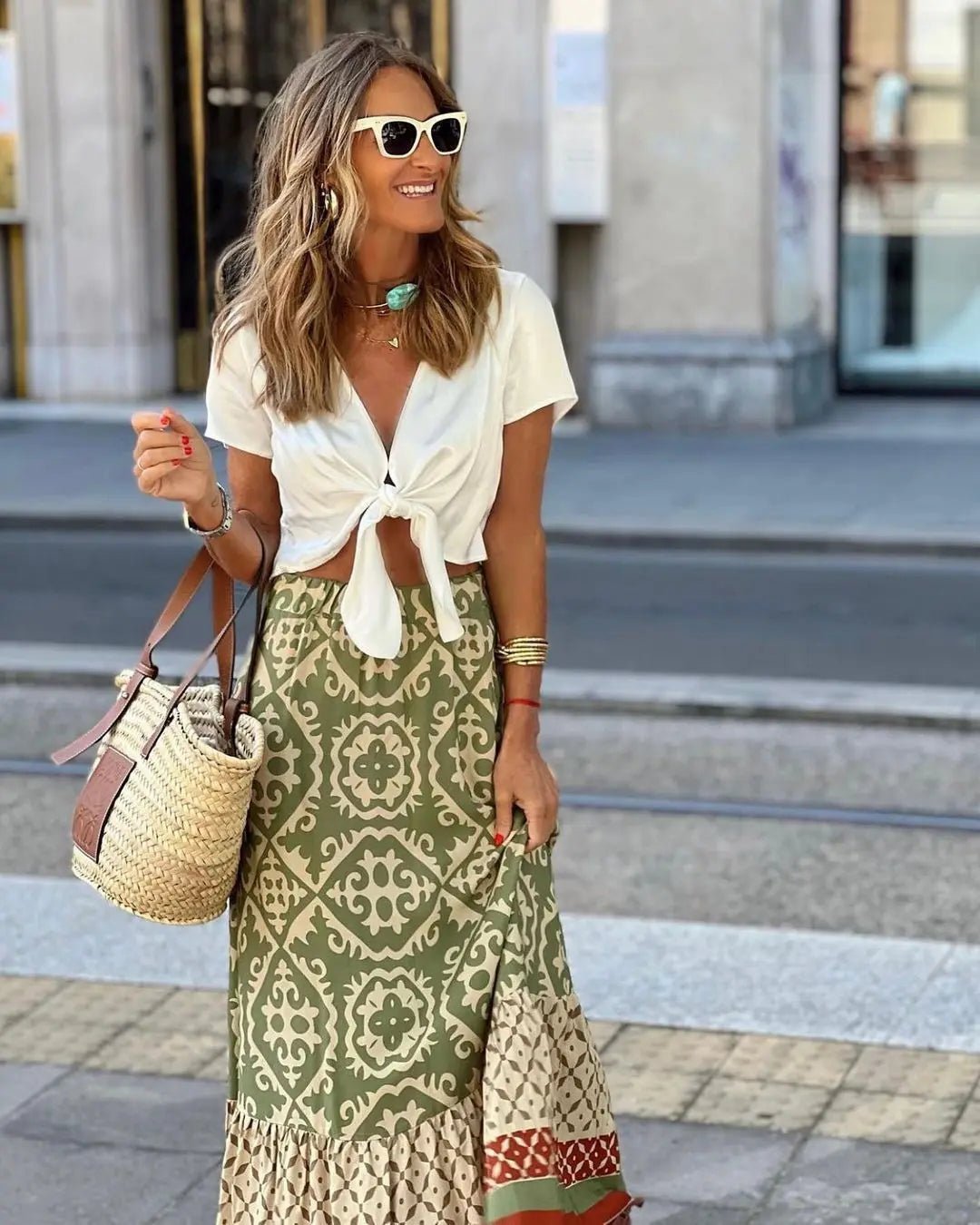 SOERA Zara Boho Printed Midi Swing Skirt - Skirts - Olive S