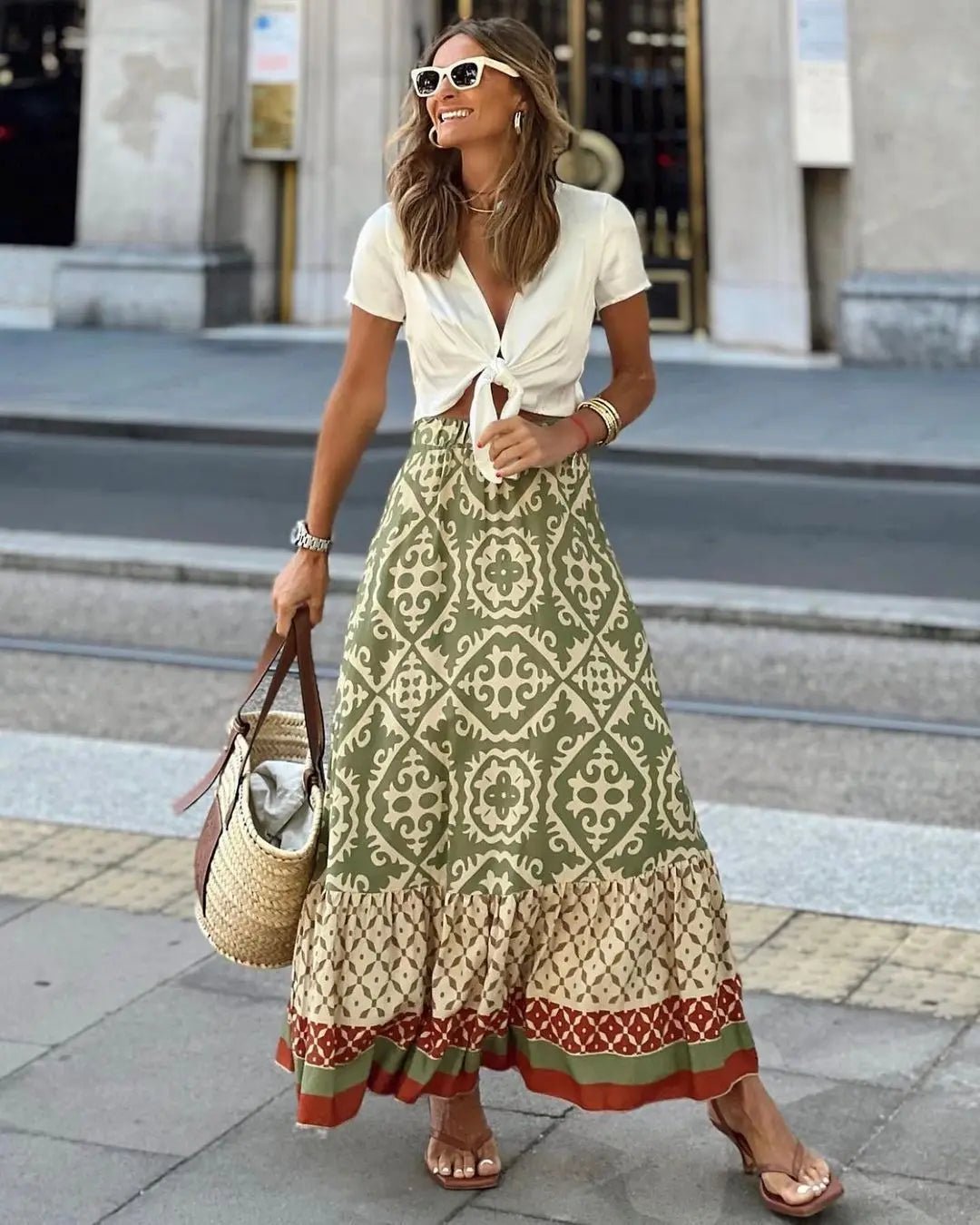 SOERA Zara Boho Printed Midi Swing Skirt - Skirts - Olive S