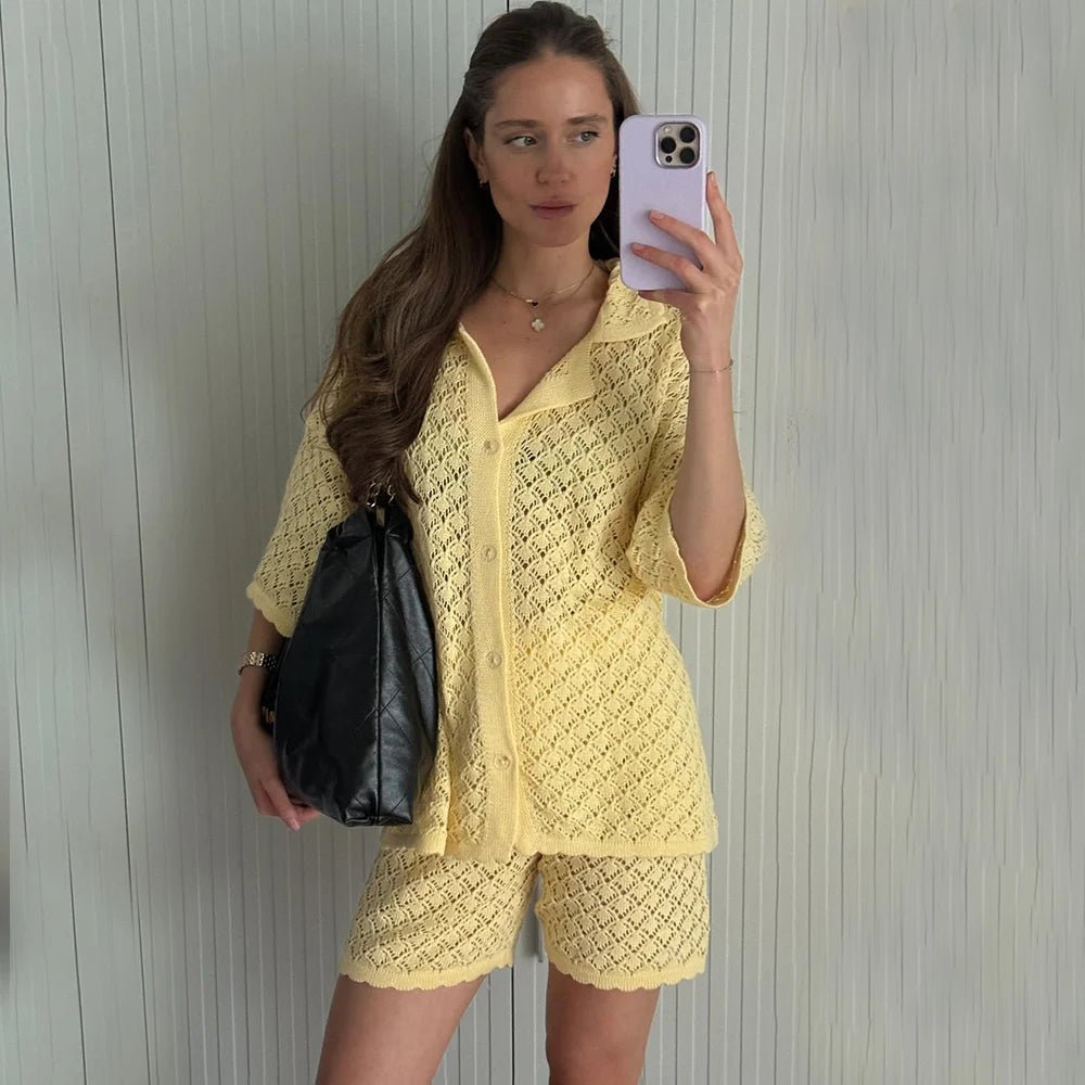 SOERA Selene Knit Cardigan Shorts Set - Sweaters & Cardigans - Yellow S