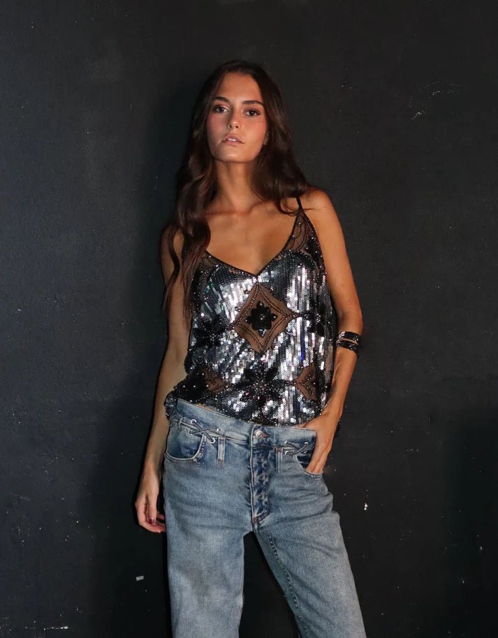 SOERA Beatrice Embellished Sequin Sheer Top - Top - Silber XS