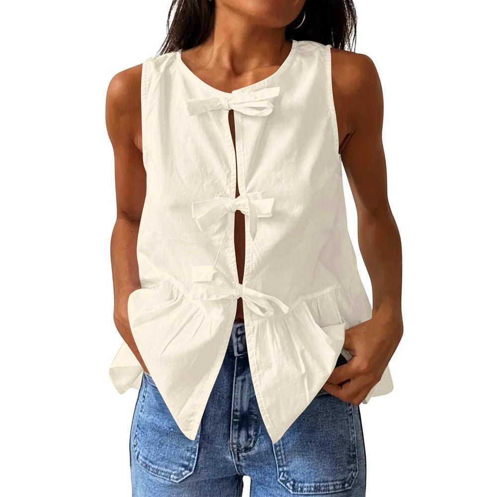 SOERA Bianca Bow - Tie Peplum Tank Top - Top - Beige S