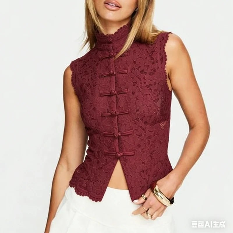 SOERA Beatrix Sheer Lace Mandarin Collar Blouse - Tops - Burgundy S