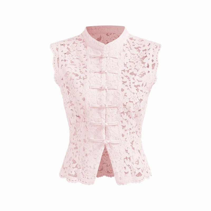 SOERA Beatrix Sheer Lace Mandarin Collar Blouse - Tops - Pink M