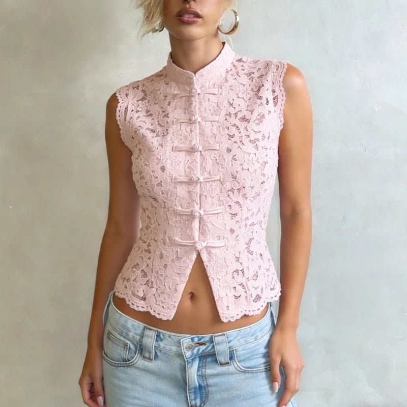 SOERA Beatrix Sheer Lace Mandarin Collar Blouse - Tops - Pink S