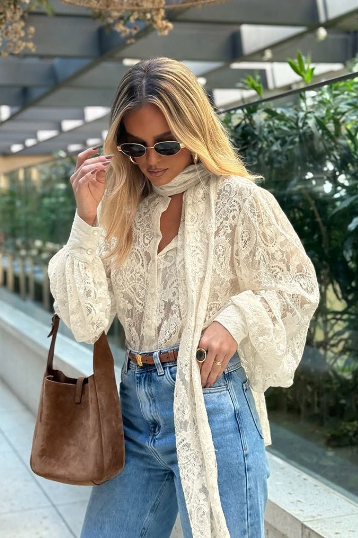 SOERA Dunja Sheer Lace Tie Blouse - Tops - Beige M