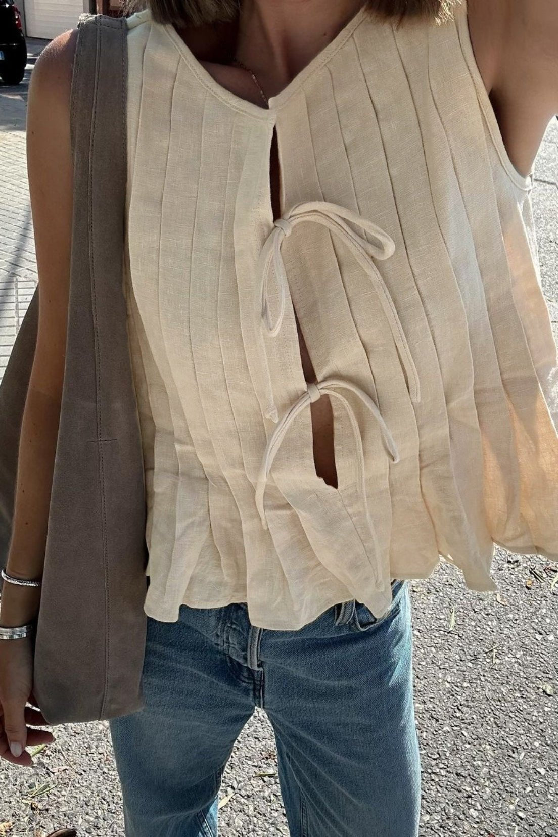 SOERA Honora Ruffle Hem Tie - Front Top - Tops - Beige XS