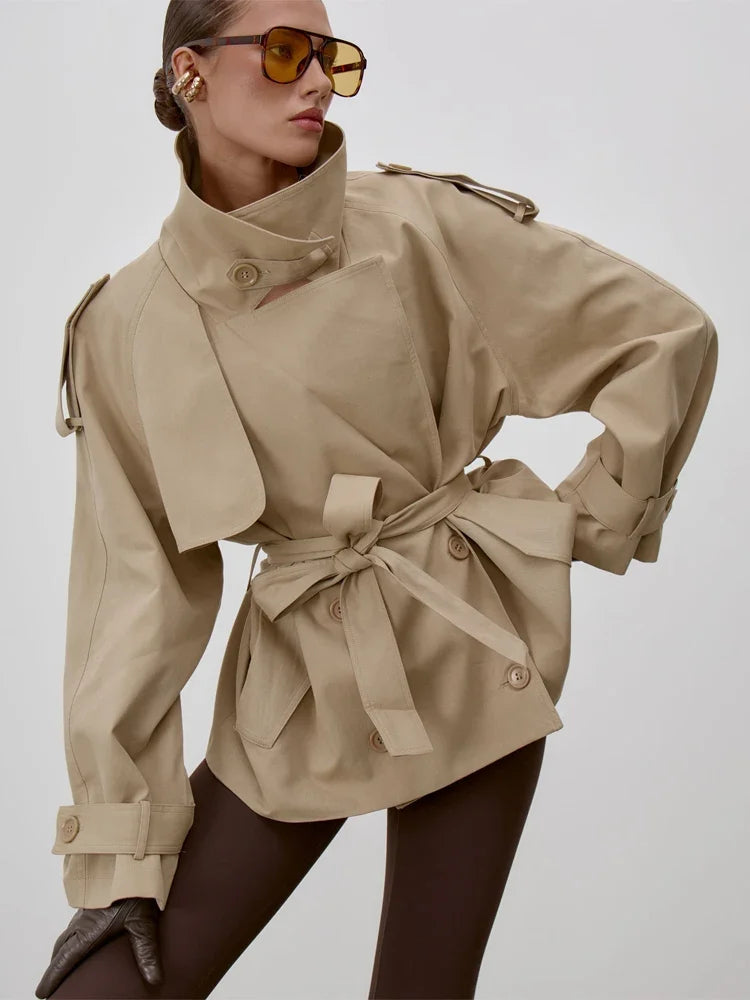 Chic Stand Collar Lace Up Trench Coat Women Long Sleeves Single Breasted Windbreaker 2026 1