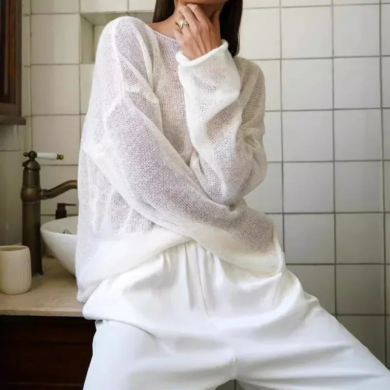 Chic Women's Oversized Sweater - Casual Loose Pullover in Pink & White 0