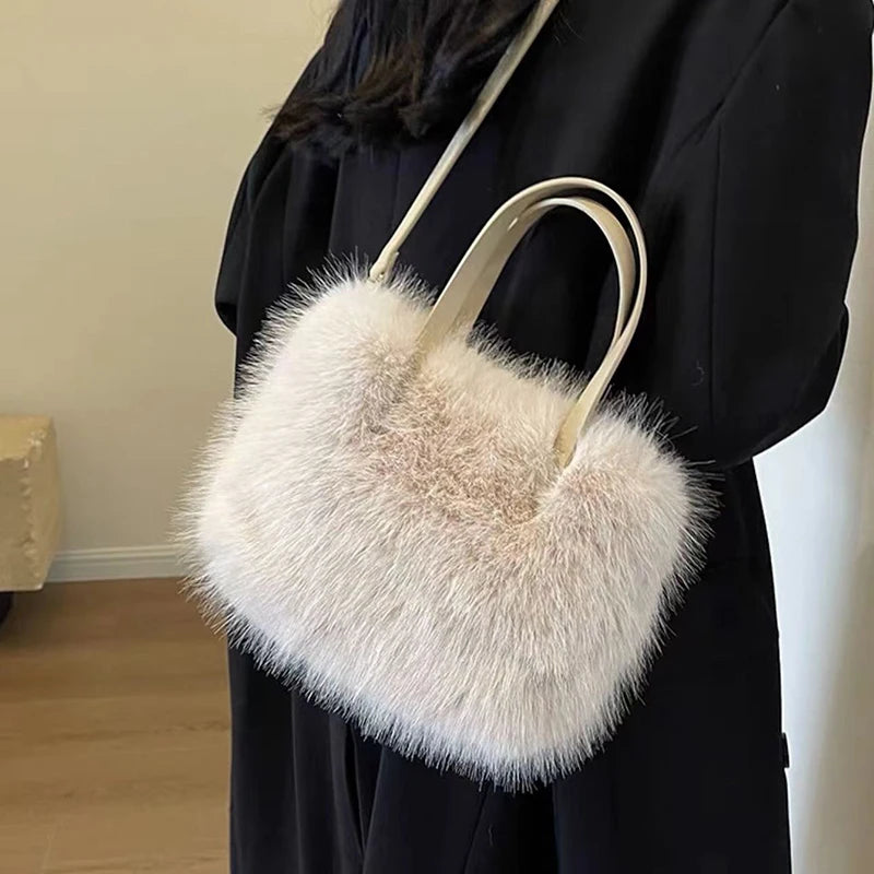 Faux Fur Tote Bag Women's Bucket Plush Luxury Design Crossbody Shoulder Handbag Winter 1