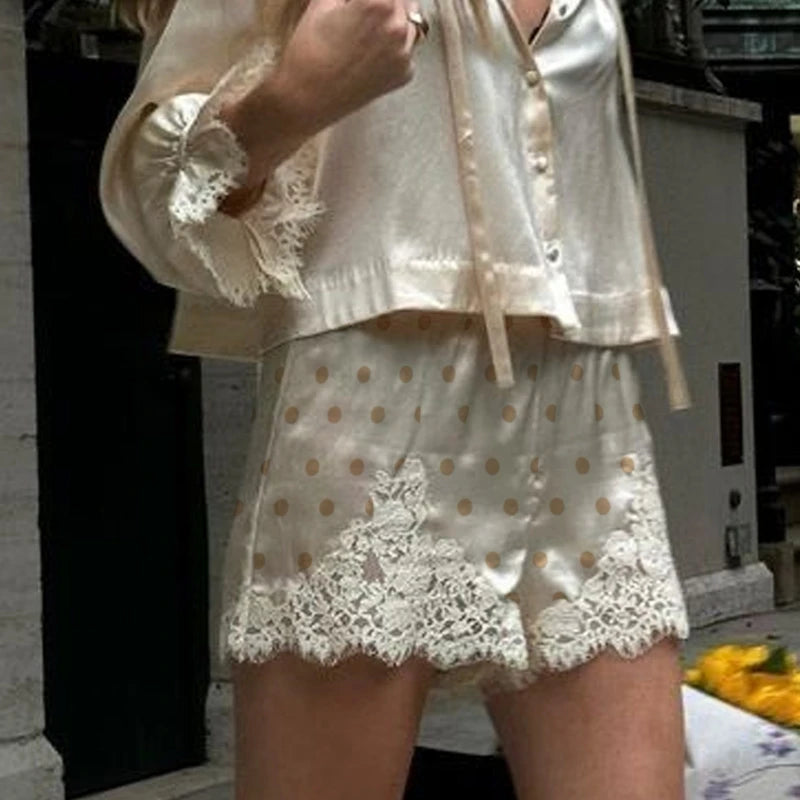 Polka Dot Satin Silk Lace Trim High Rise Shorts for Women - Vintage Lounge Knickers Sleepwear 4