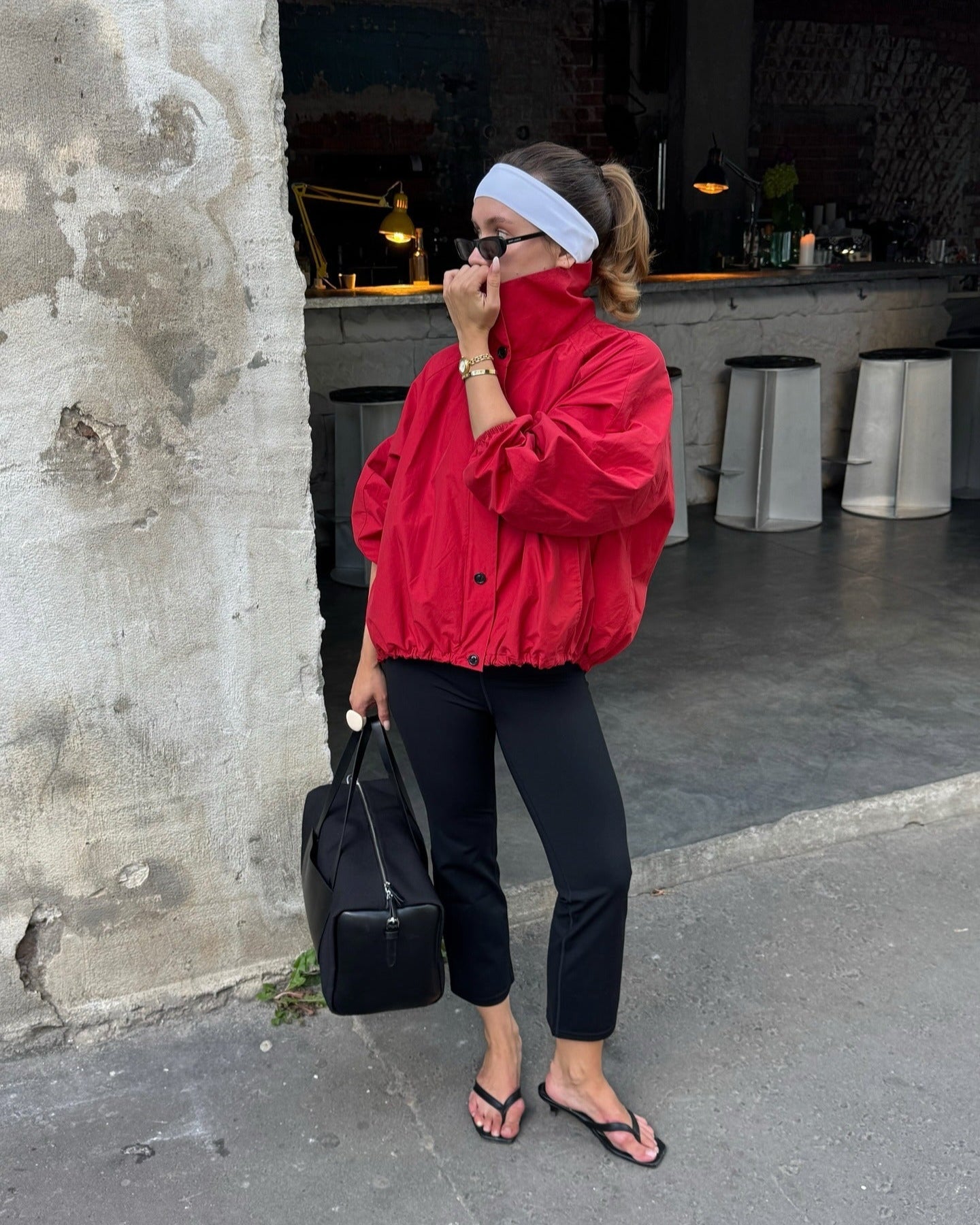 Red High-Neck Puff Bomber Jacket for Women - Stylish and Elegant Design 1