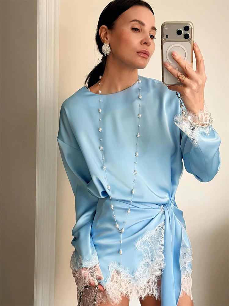 Celeste Lace Satin Tie-Detail Dress