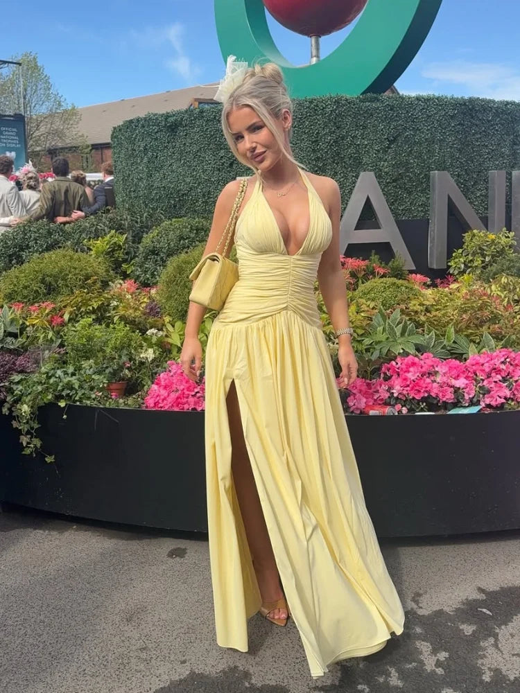 Helena diepe V geplooide maxi jurk met split