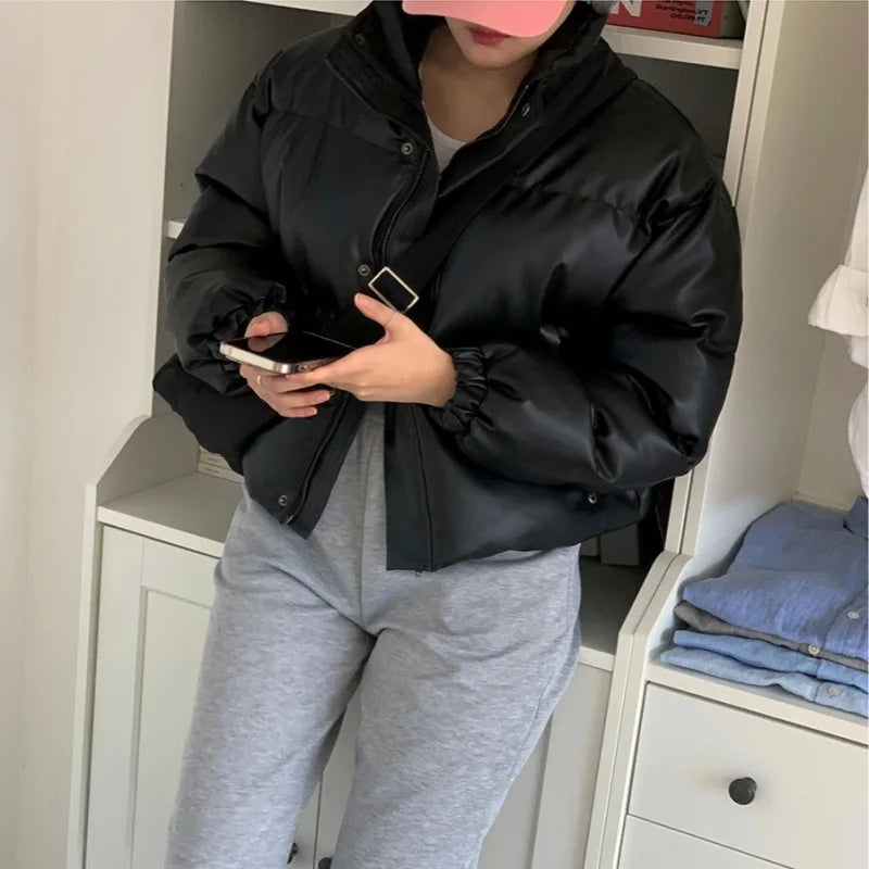 Stylish Urban Women's Winter Coat - Thickened Leather Design, 100cm Length 2