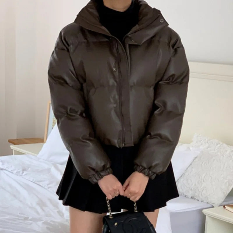 Stylish Urban Women's Winter Coat - Thickened Leather Design, 100cm Length 4