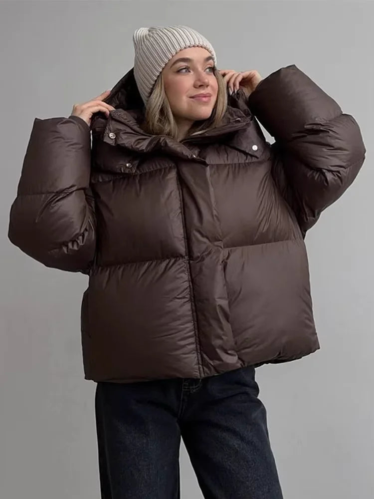 Women's Brown Cropped Puffer Jacket with Detachable Hood - Casual Winter Coat 1