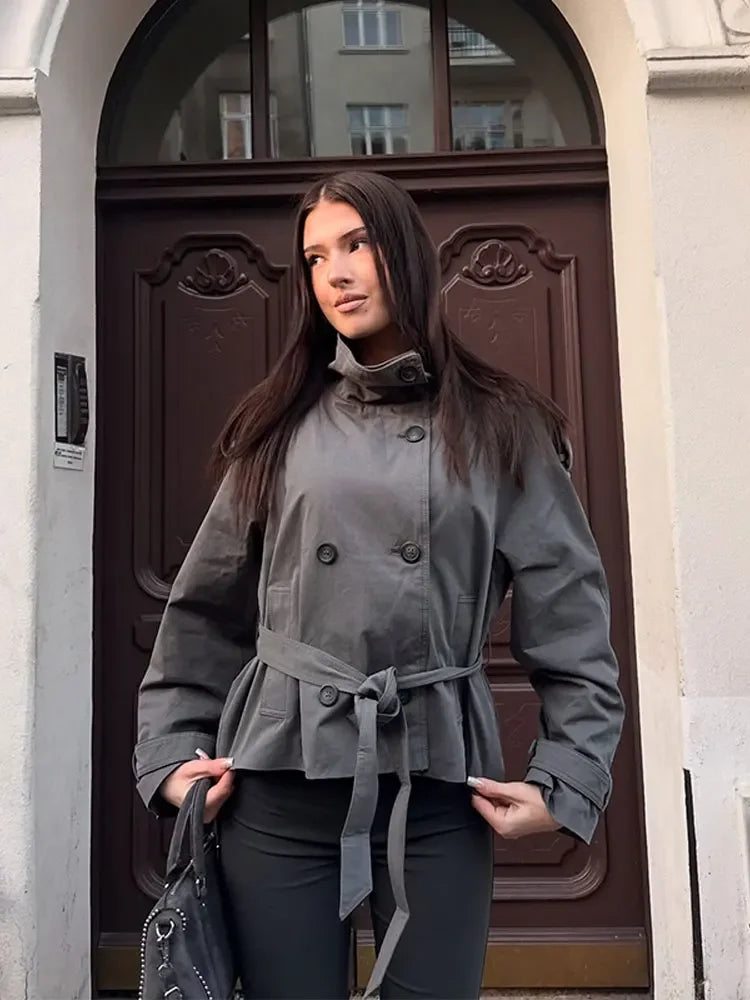 Women's Double Breasted Cropped Trench Coat - Casual Long Sleeve Outerwear for Women 1