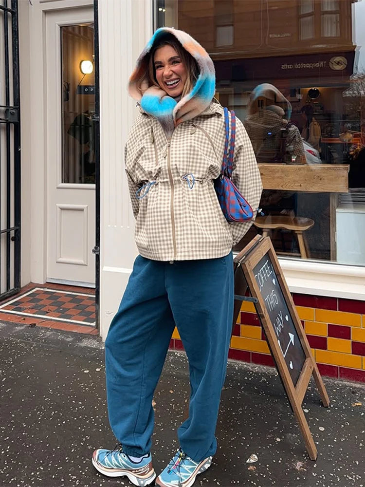 Women's Plaid Hooded Jacket - Casual Long Sleeve Zipper Coat with Drawstring Waist for Daily Wear 1