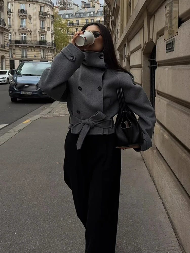 Woolen Trench Coat for Women - Stylish Double Breasted Long Sleeve Wool Womens Trench Coat with Stand Collar and Lace-Up Detail 3