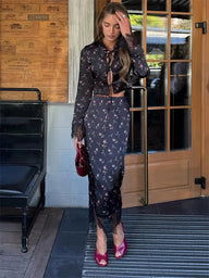 Lisa Lace Trim Floral Hollow Out Top and Maxi Skirt Set