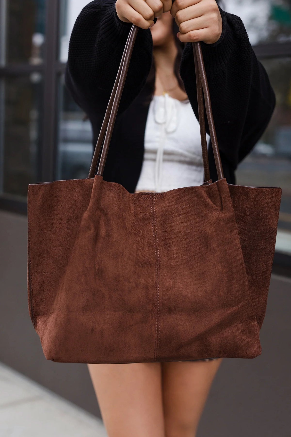 Cheska faux suède tote bag met etui