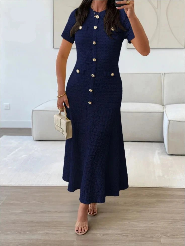 SOERA Clara Gold Button Retro Flared Midi Dress - Dresses - SOERA-672579-NAV-S-04963 Navy Blue S