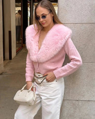 Ella Faux Fur Collar Cropped Knit Cardigan