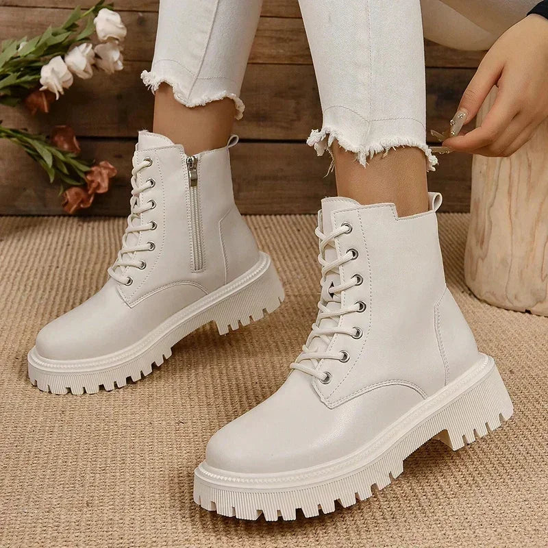 Black Ankle Boots for Women - Winter Warm Short Plush Combat Boots with Zip Lace Up Design 0