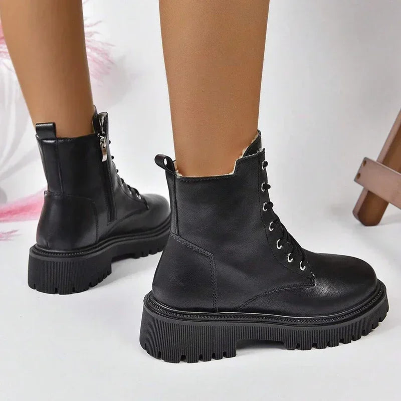 Black Ankle Boots for Women - Winter Warm Short Plush Combat Boots with Zip Lace Up Design 4