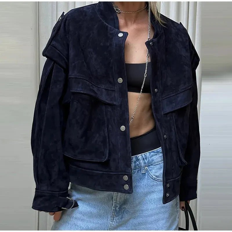 SOERA Mila Wide Shoulder Faux Suede Jacket - Jackets -  Navy Blue M