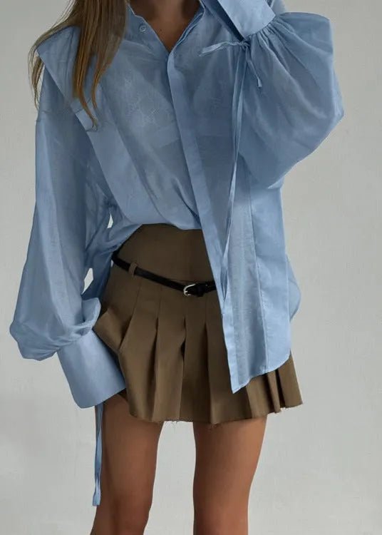SOERA Isabella Oversized Ribbon - Tie Puff Sleeve Shirt - Blouse -  Blue S