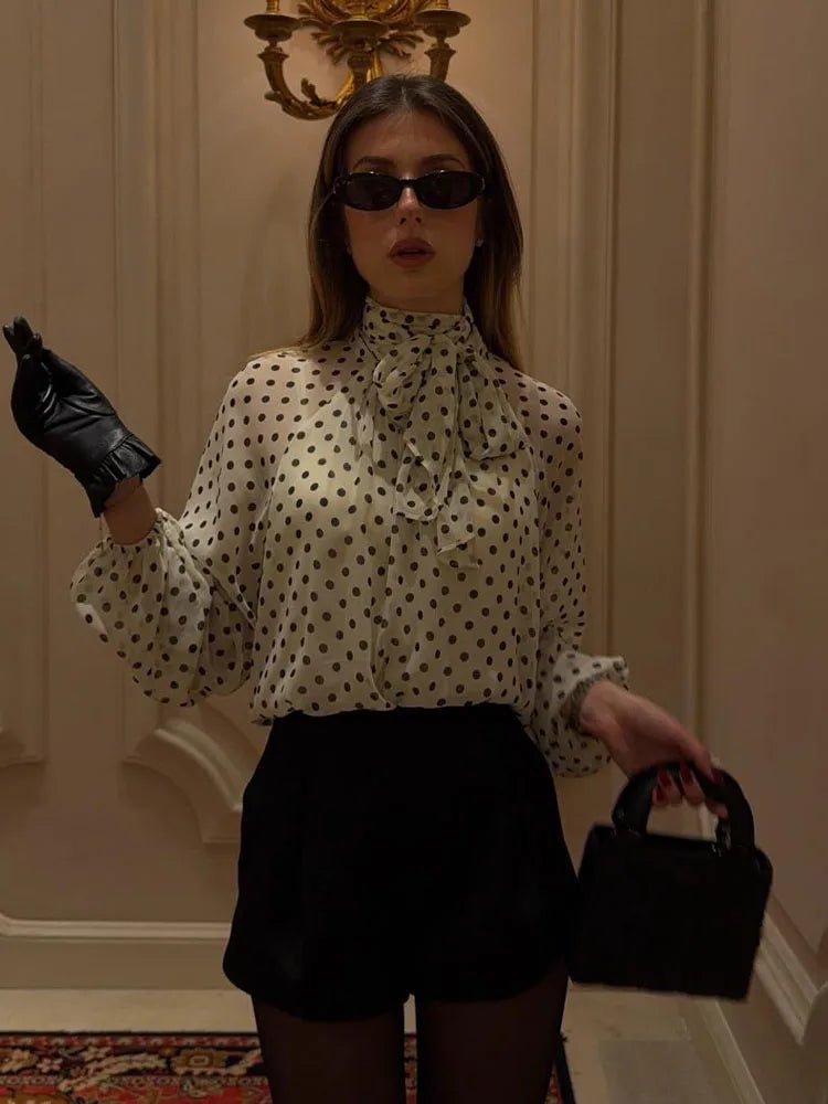 SOERA Sofia High Collar Polka Dot Blouse - Blouse -  White M