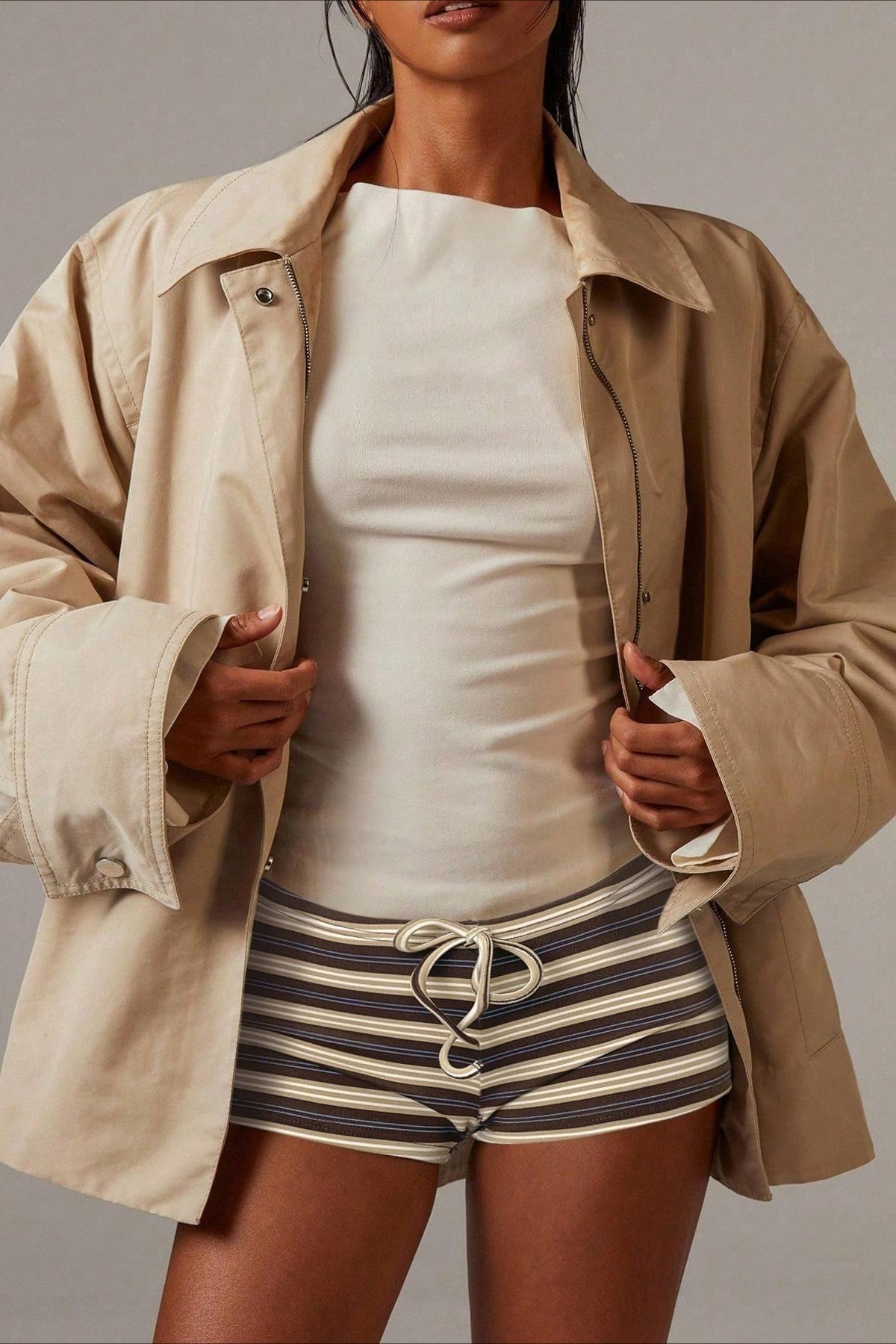 SOERA Malina Stripe Drawstring Low Waist Shorts - Bottoms -  Brown M