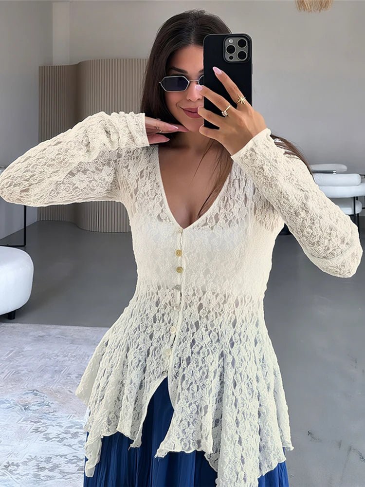 SOERA Jenna Shark Hem Sheer Jacquard Cardigan - Cardigans - 1005009613196786-;KM1775670871871412878 Beige L