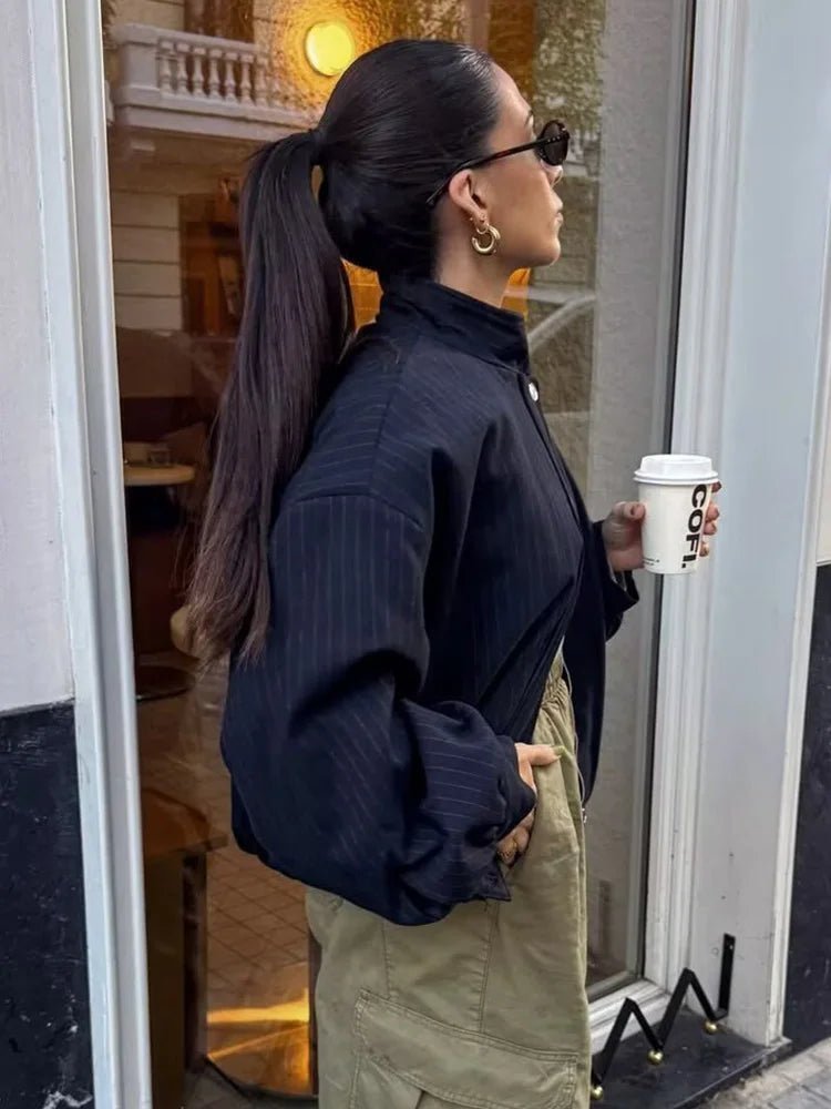 SOERA Magnolia Pinstripe Bomber Jacket - Coats & Jackets -  Dark Blue Stripe XS