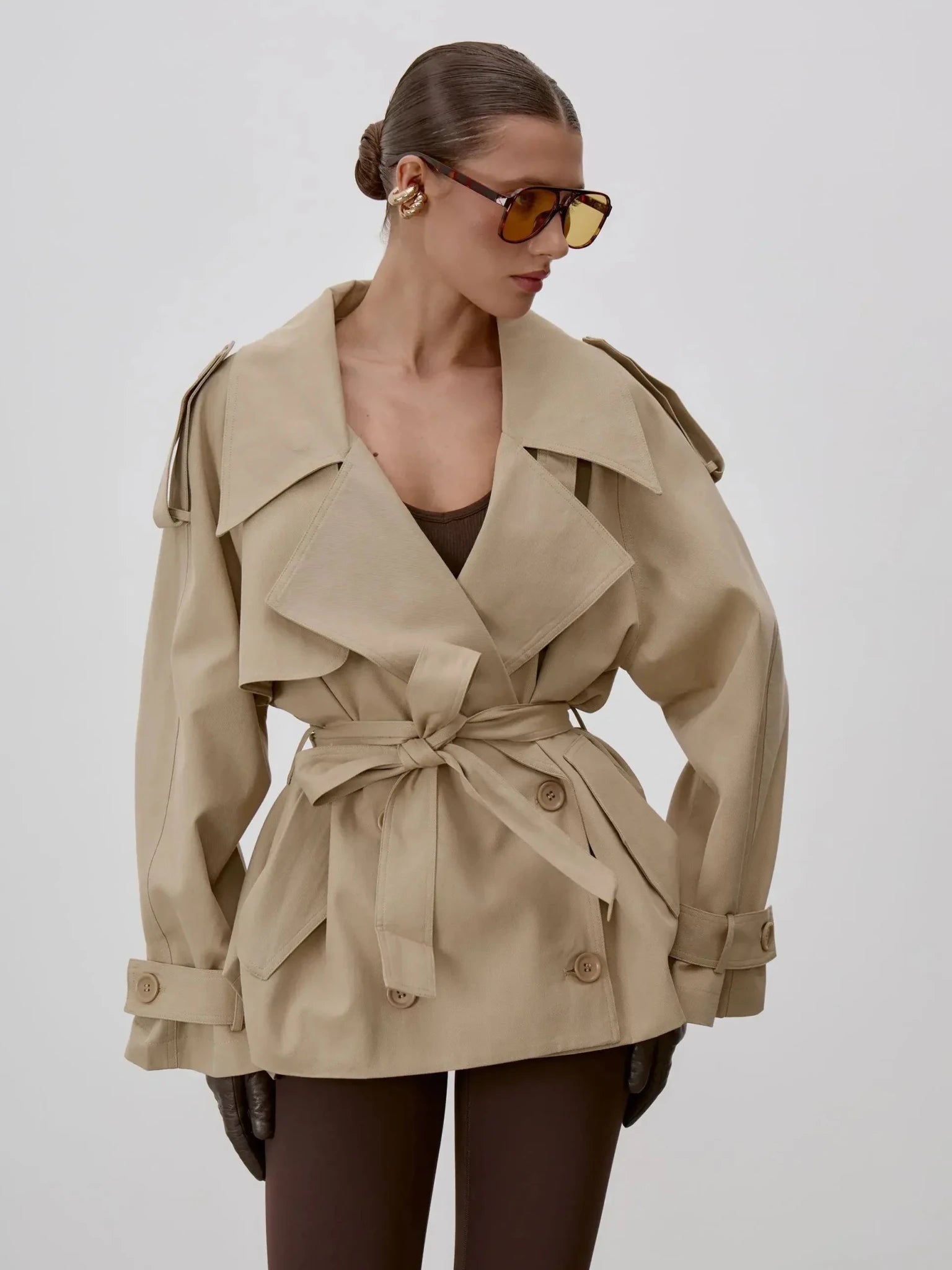 SOERA Sonia Lace Up Stand Collar Trenchcoat - Coats & Jackets - 1005011734952768-;Ni1773321573271304204 Beige S