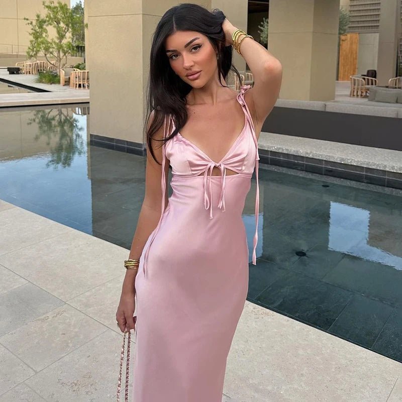 SOERA Aaliyah V - Neck Lace - Up Spaghetti Strap Maxi Dress - Dress -  Pink S