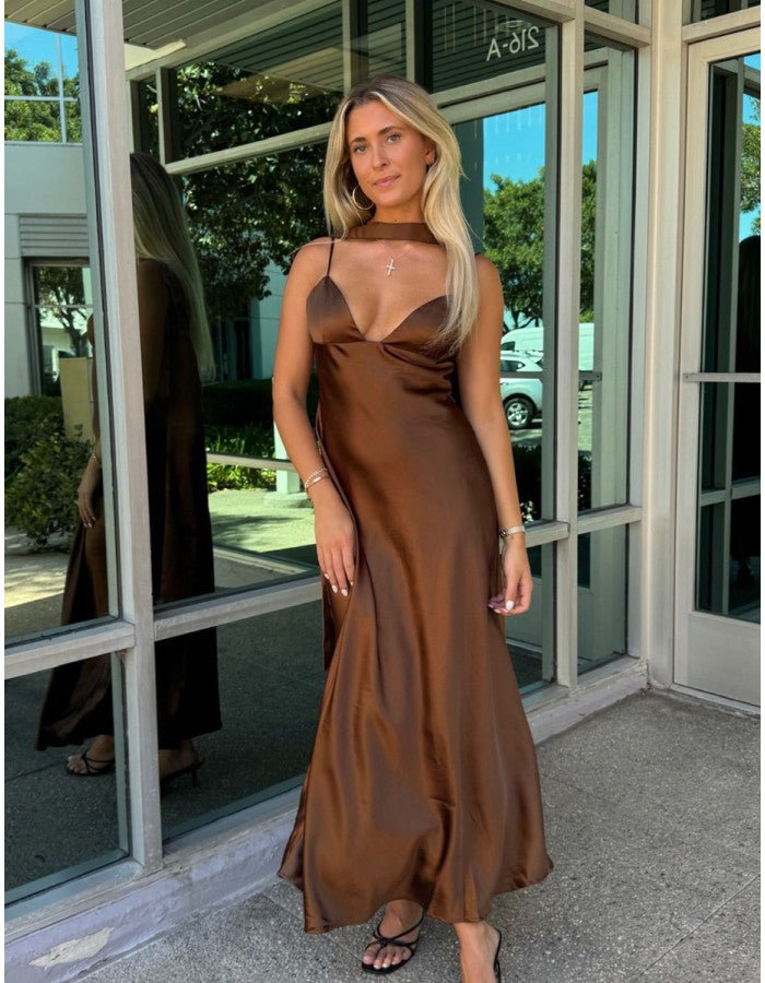SOERA Astraea Satin Maxi Dress with Scarf - Dress -  Brown XS