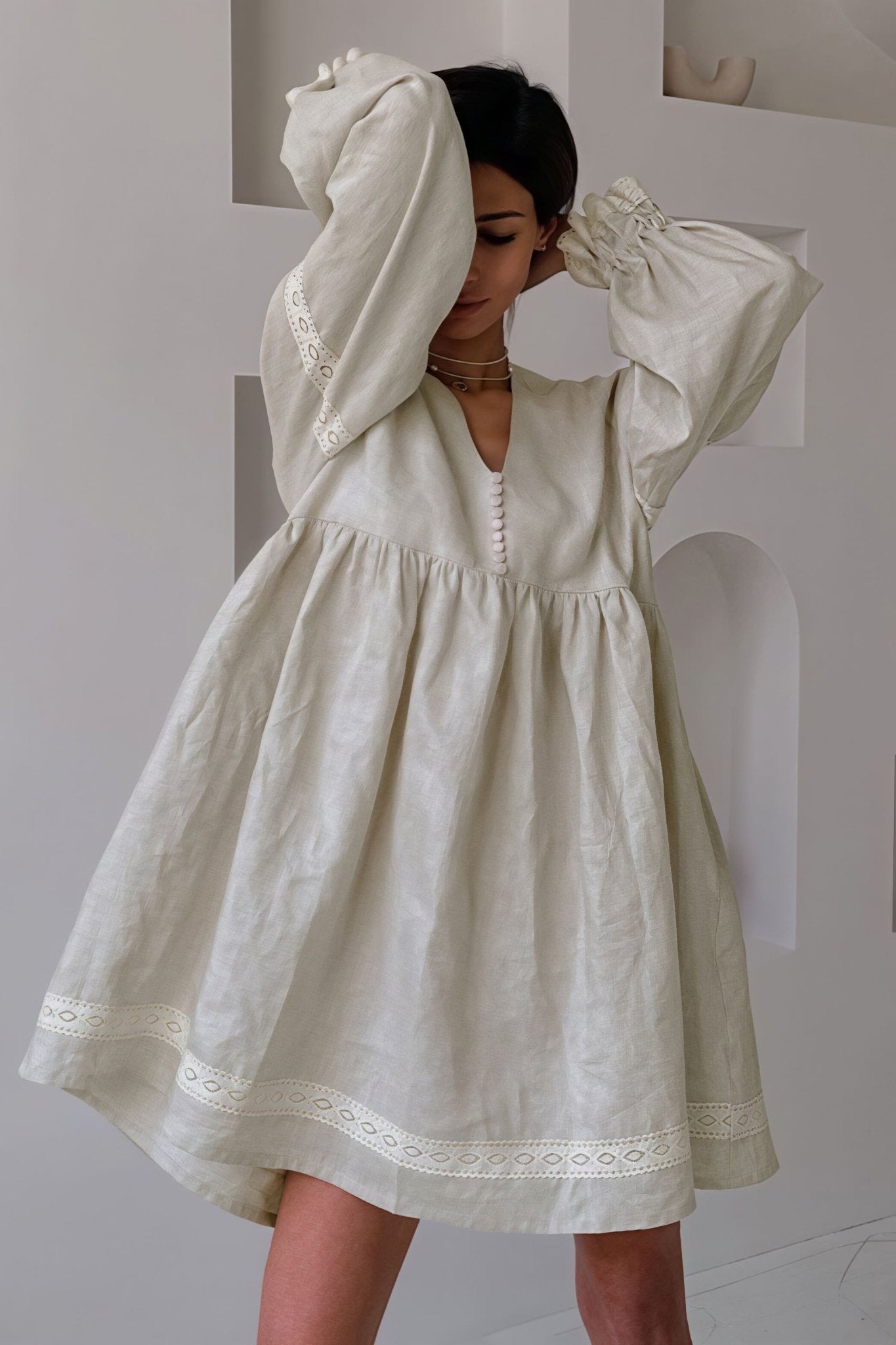 SOERA Beatrice Cotton Linen V - Neck Lantern Sleeve Mini Dress - Dress -  Khaki L