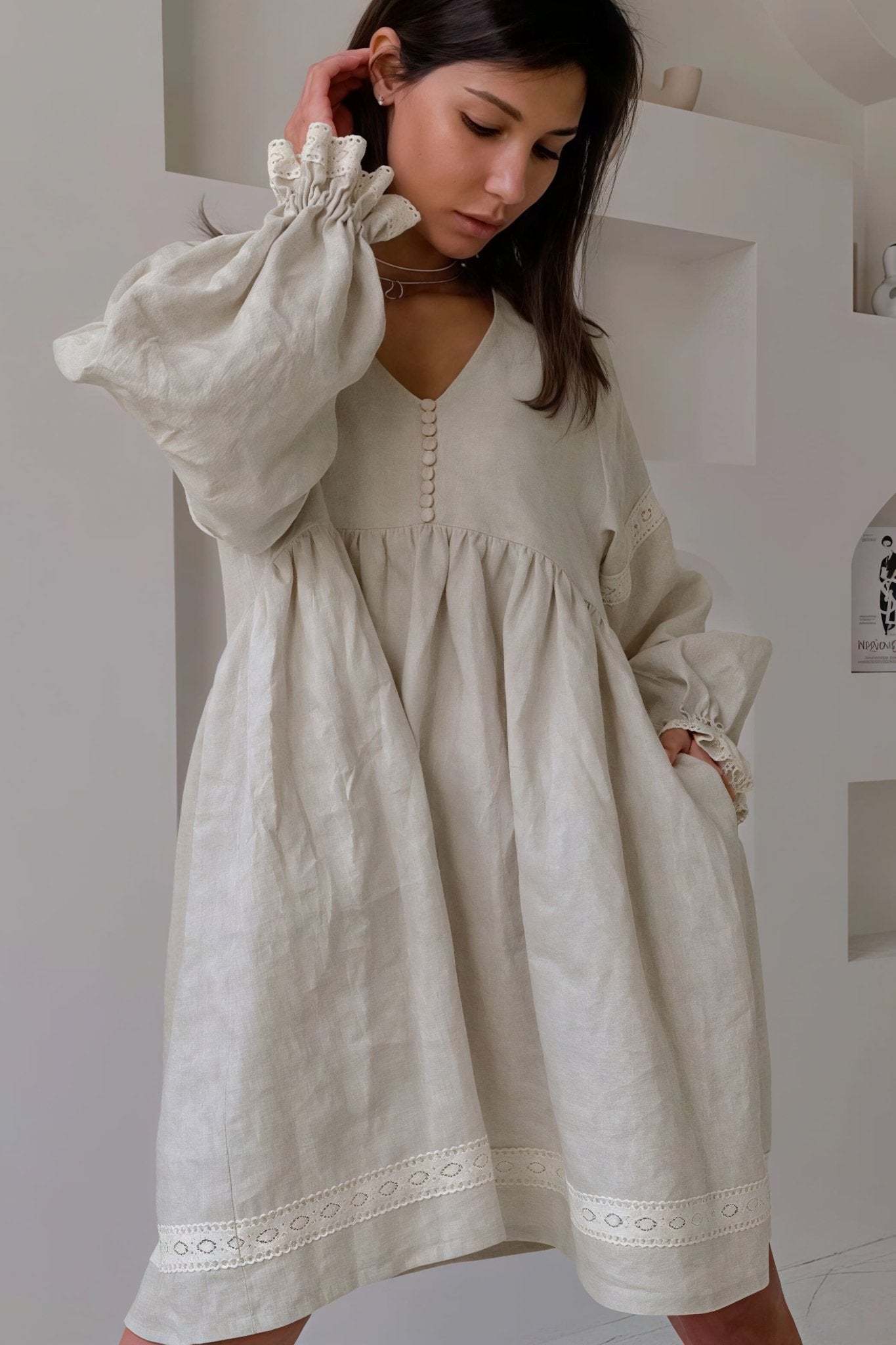SOERA Beatrice Cotton Linen V - Neck Lantern Sleeve Mini Dress - Dress -  Khaki M