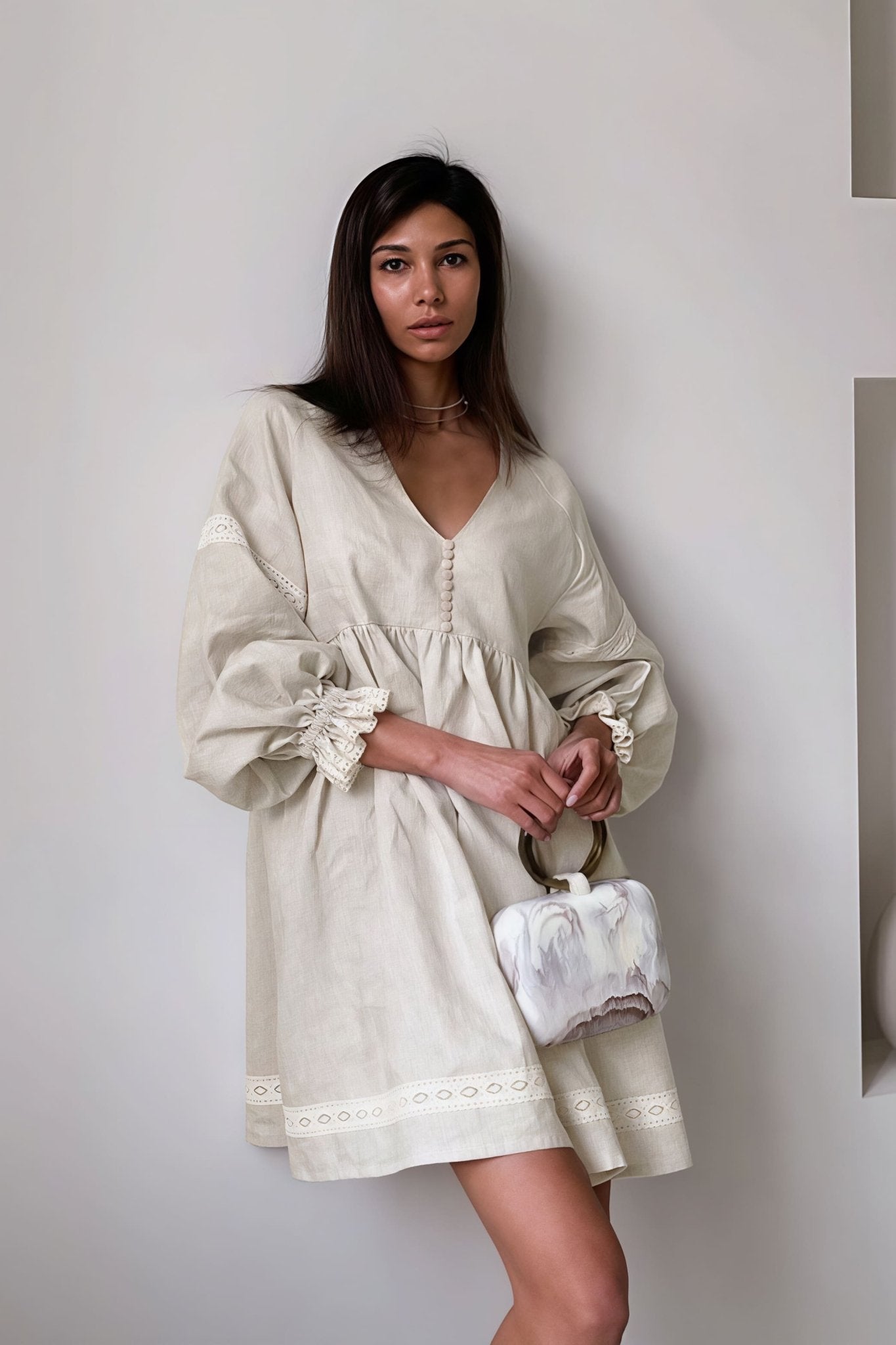 SOERA Beatrice Cotton Linen V - Neck Lantern Sleeve Mini Dress - Dress -  Khaki S