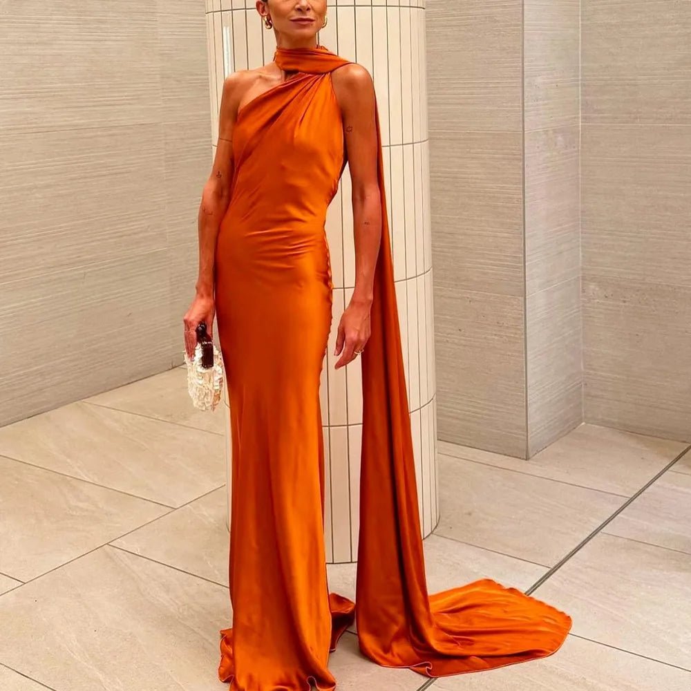 SOERA Beatrice Halter Backless Silk Satin Maxi Dress - Dress -  Orange S