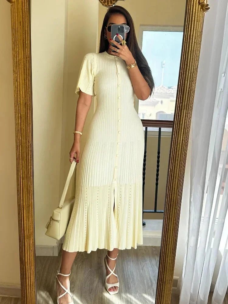 SOERA Bianca Bell Sleeve Pleated Knit Midi Dress - Dress -  Beige L