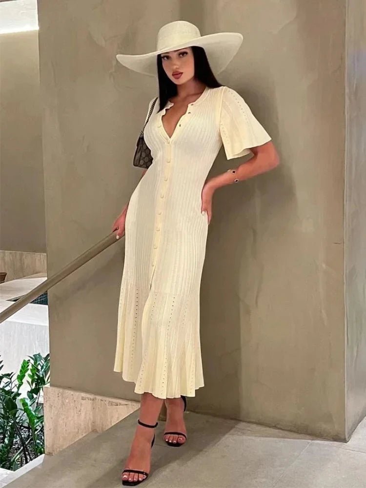 SOERA Bianca Bell Sleeve Pleated Knit Midi Dress - Dress -  Beige M