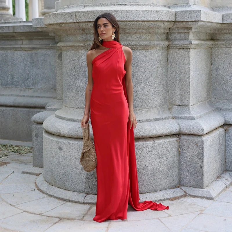 SOERA Demetra Satin Halter Backless Evening Gown - Dress -  Red M