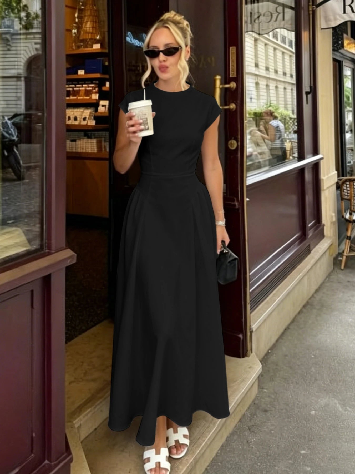 SOERA Ruby Flare Maxi Dress with Cap Sleeves - Dress -  Black XS